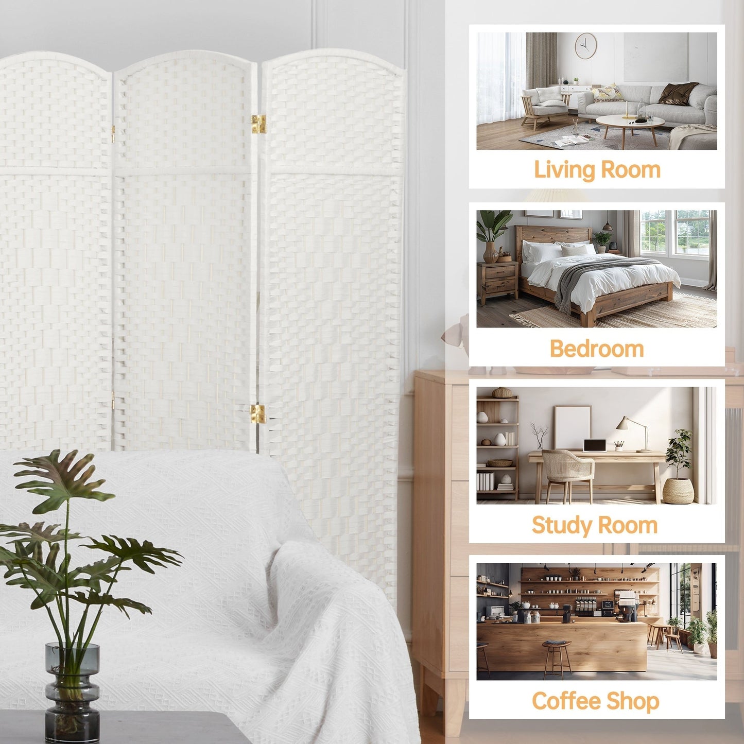 Paravento divisorio per ambienti, alto 180 cm, in fibra intrecciata, a pannelli pieghevoli, autoportante.