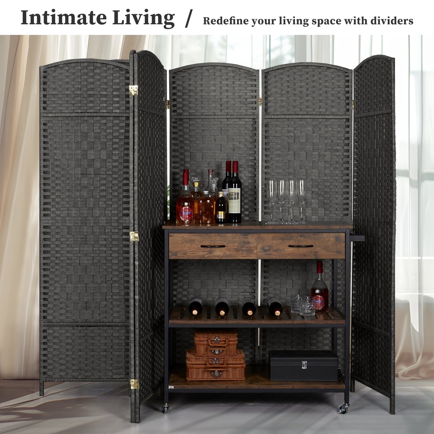 Paravento divisorio per ambienti, alto 180 cm, in fibra intrecciata, a pannelli pieghevoli, autoportante.