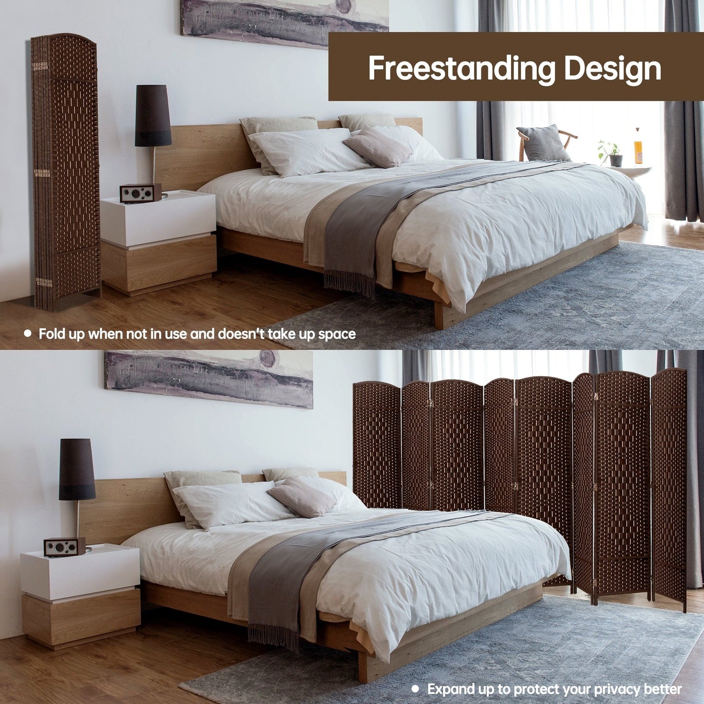 Paravento divisorio per ambienti, alto 180 cm, in fibra intrecciata, a pannelli pieghevoli, autoportante.