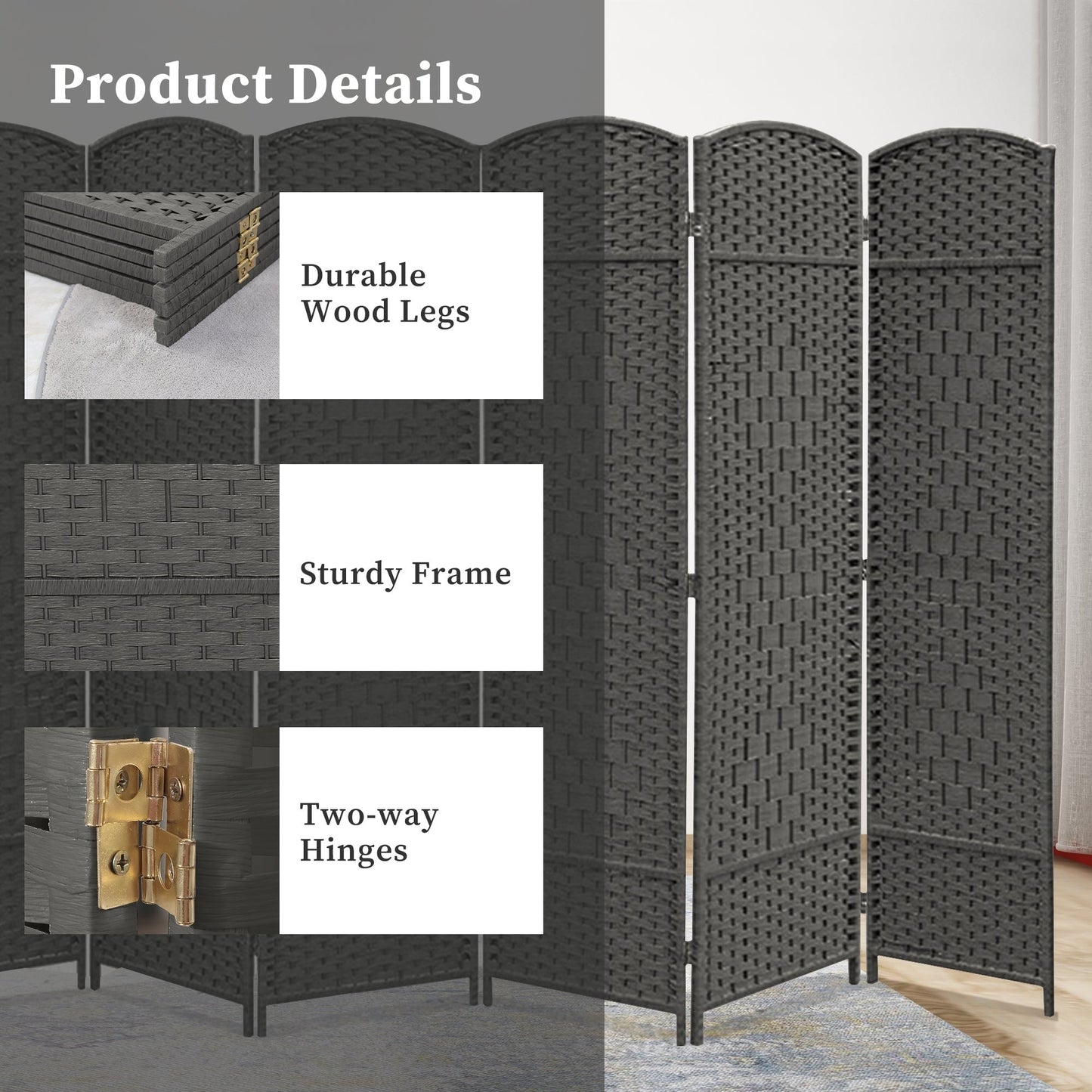 Paravento divisorio per ambienti, alto 180 cm, in fibra intrecciata, a pannelli pieghevoli, autoportante.