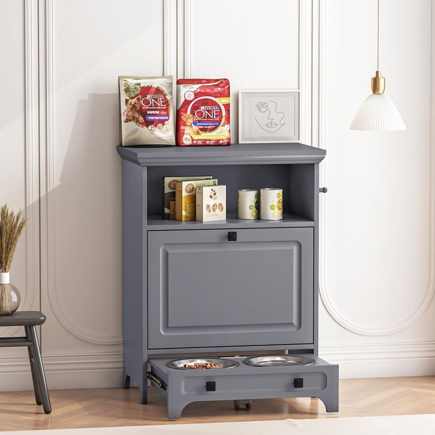 Stazione per la somministrazione del cibo al cane Roomfitters con 2 ciotole rialzate per cani, mobile porta-ciotole ribaltabile per animali domestici