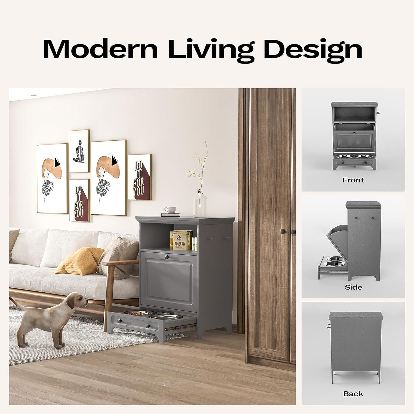 Stazione per la somministrazione del cibo al cane Roomfitters con 2 ciotole rialzate per cani, mobile porta-ciotole ribaltabile per animali domestici