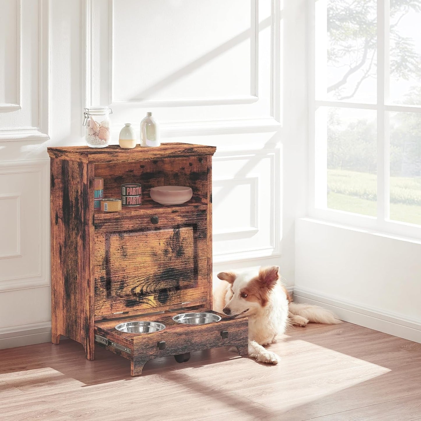 Stazione per la somministrazione del cibo al cane Roomfitters con 2 ciotole rialzate per cani, mobile porta-ciotole ribaltabile per animali domestici