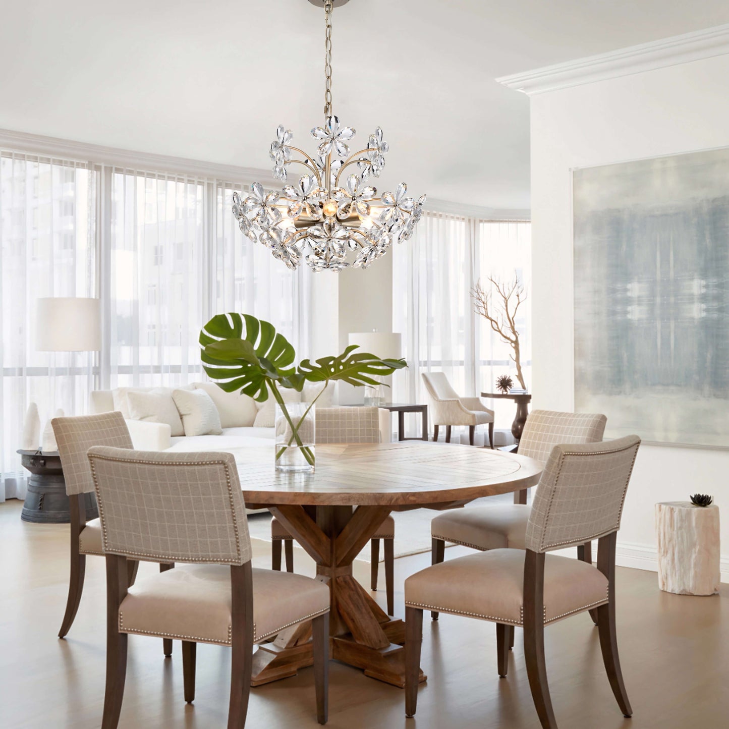 Lampadario Rosa a 6 luci con cristalli di champagne color argento spazzolato a forma di fiore