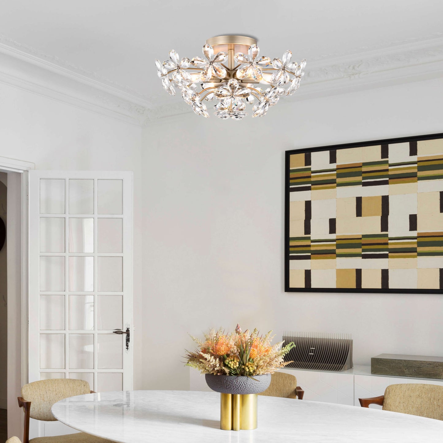 Rosa Lampada a soffitto a 6 luci con cristalli di champagne color argento spazzolato - 45 cm di diametro x 22 cm di altezza