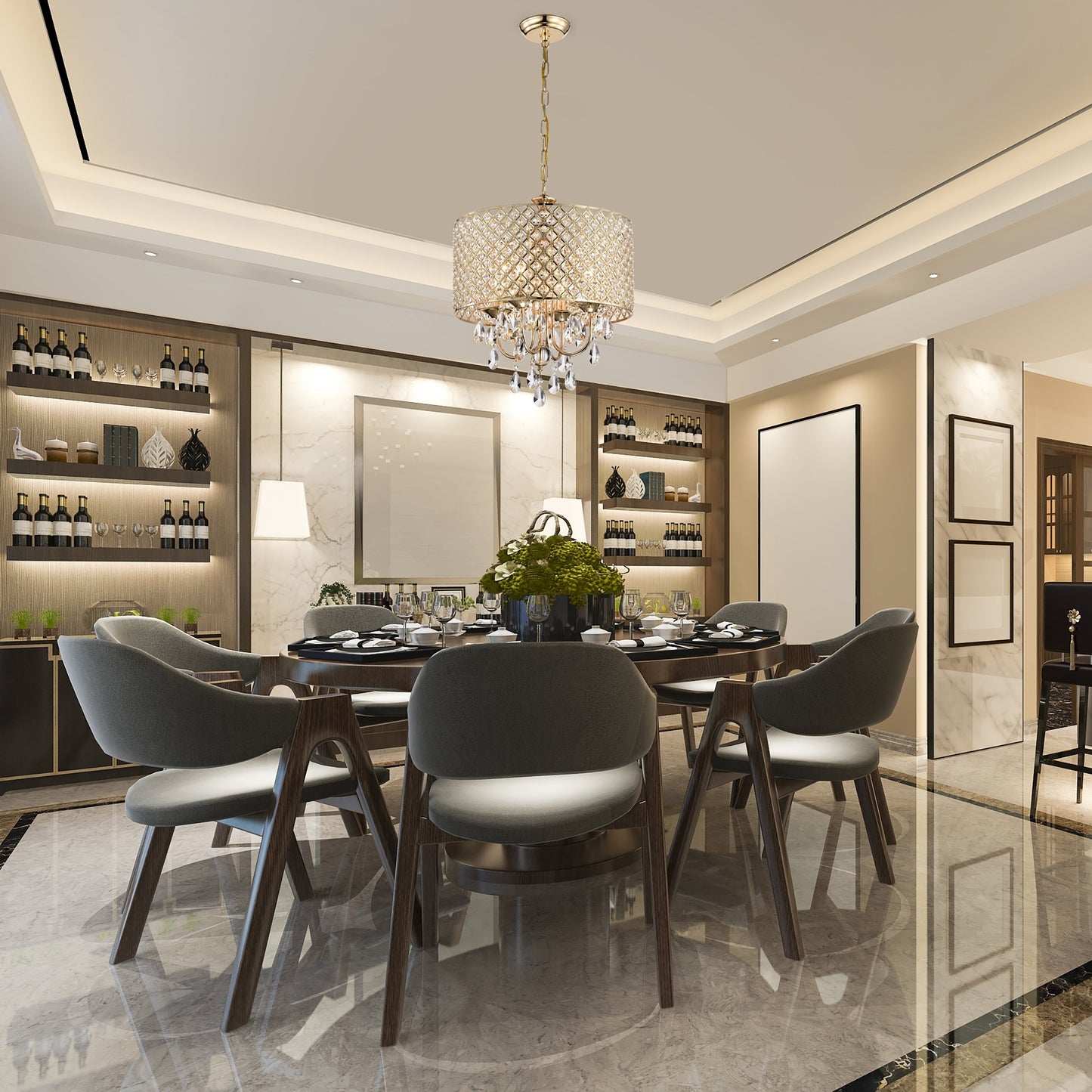 Lampadario a tamburo rotondo con perline e cristalli pendenti