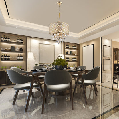 Lampadario a tamburo rotondo con perline e cristalli pendenti