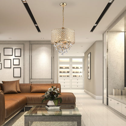 Lampadario a tamburo rotondo con perline e cristalli pendenti