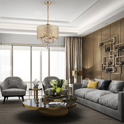 Lampadario a tamburo rotondo con perline e cristalli pendenti