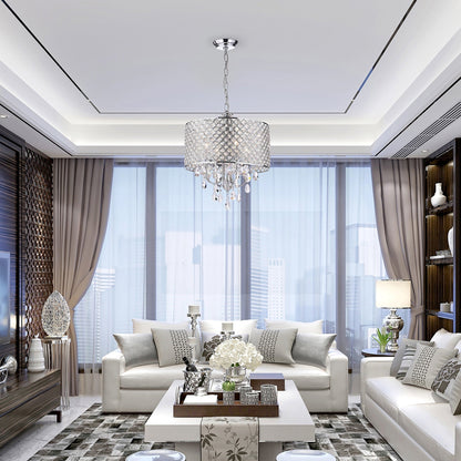 Lampadario a tamburo rotondo con perline e cristalli pendenti