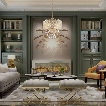 Lampadario a tamburo rotondo con perline e cristalli pendenti