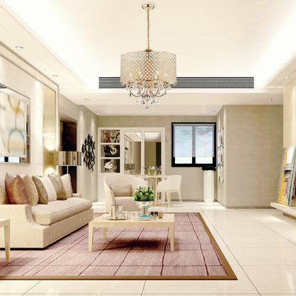 Lampadario a tamburo rotondo con perline e cristalli pendenti