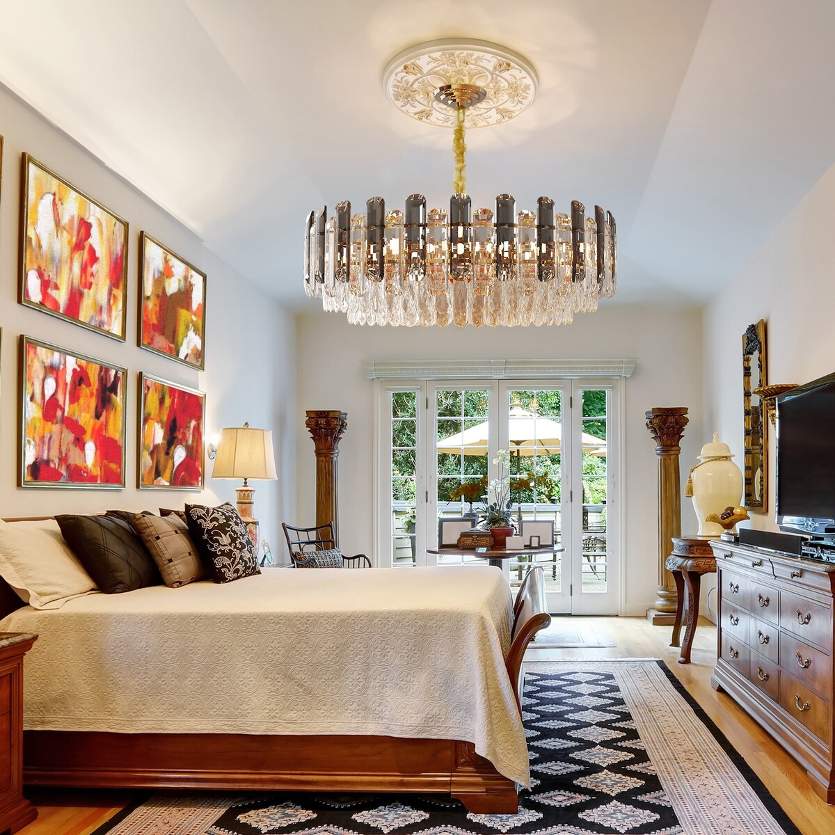 Lampada a sospensione a soffitto a cristallo a strati rotondi con illuminazione a 3 colori.