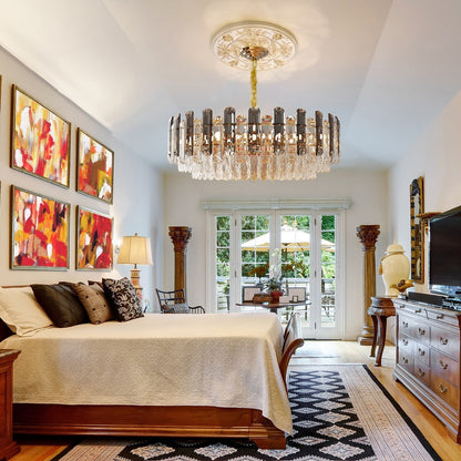 Lampada a sospensione a soffitto a cristallo a strati rotondi con illuminazione a 3 colori.