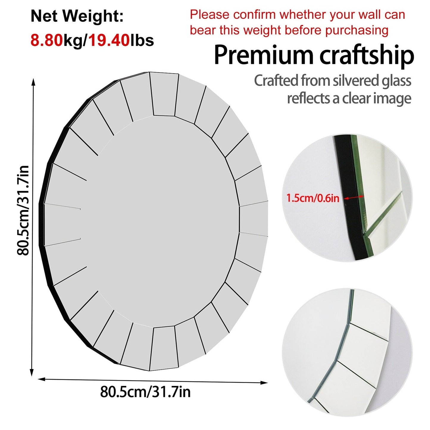 Specchio decorativo da parete rotondo in vetro con finiture veneziane ornate - 32x32