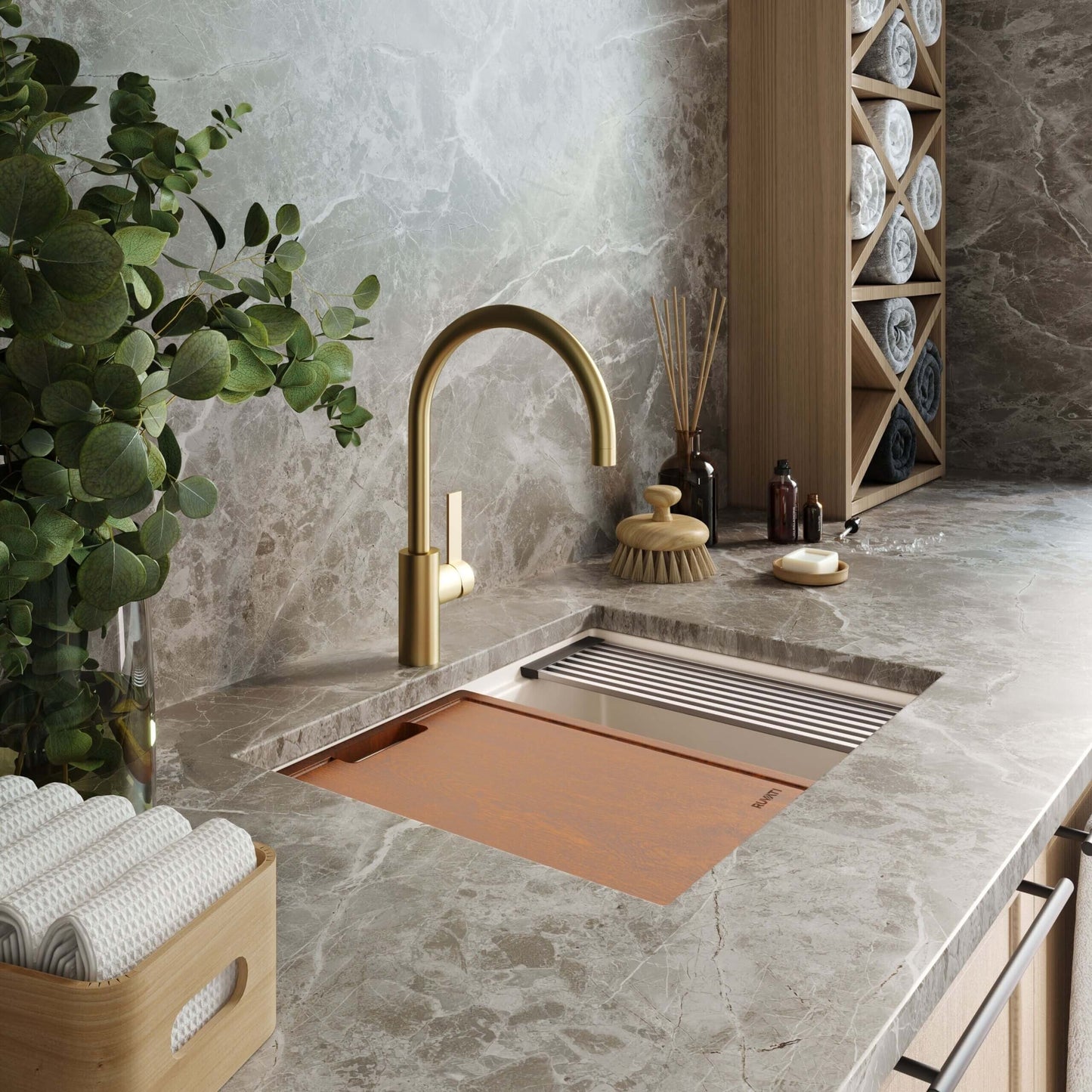 Lavello da cucina a incasso Ruvati da 25 pollici, modello Workstation Warm White, in materiale epiRock - RVG2321WB