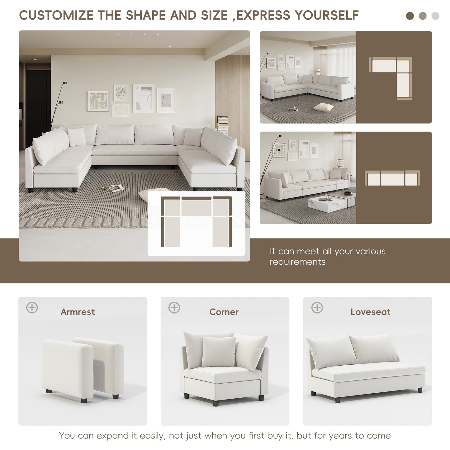 Divano componibile, set di divani reversibili a forma di U in chenille, combinazioni libere, divano letto trasformabile extra large a 8 posti.