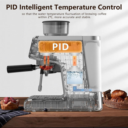 Macchina per caffè semi-automatica con controllo intelligente della temperatura e funzione acqua calda, 30 impostazioni di macinatura.