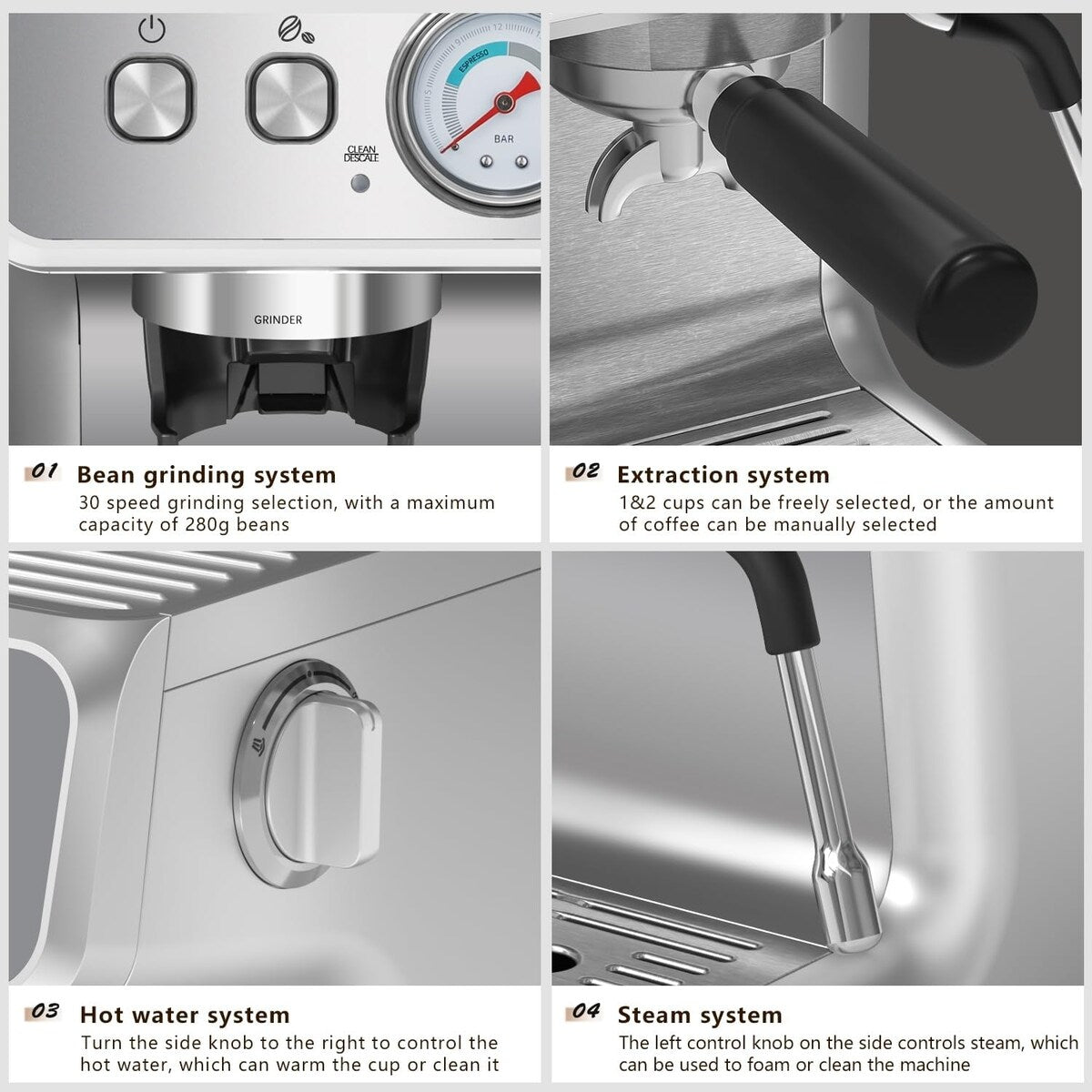 Macchina per caffè semi-automatica con controllo intelligente della temperatura e funzione acqua calda, 30 impostazioni di macinatura.