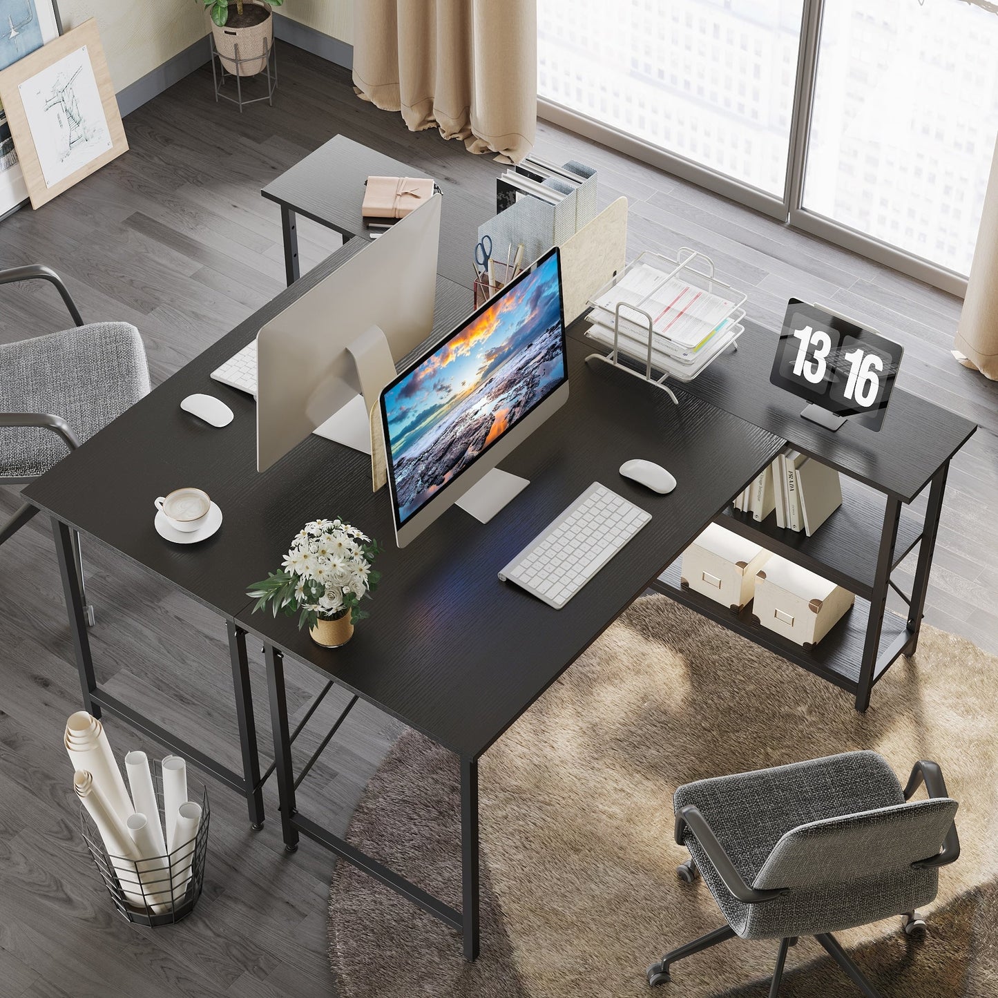 Scrivania a forma di L di piccole dimensioni con ripiani portaoggetti, scrivania da computer d'angolo