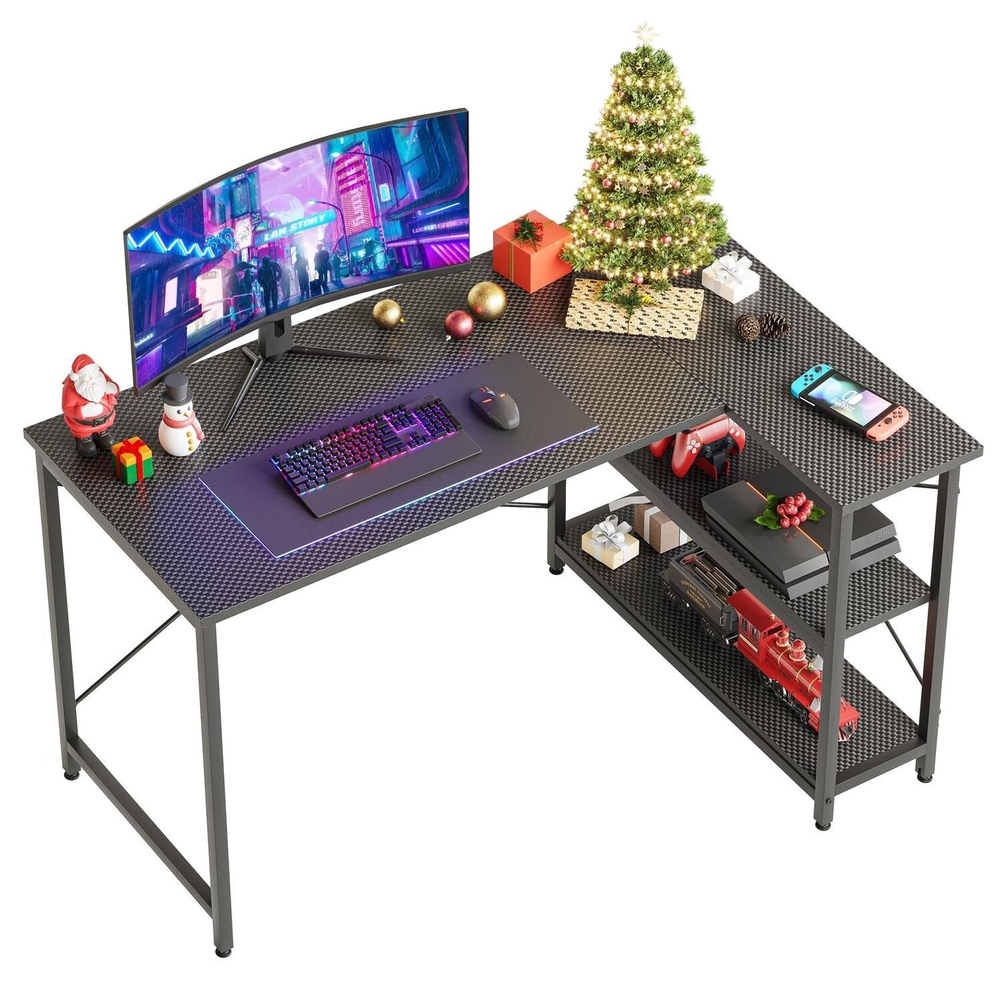 Scrivania a forma di L di piccole dimensioni con ripiani portaoggetti, scrivania da computer d'angolo