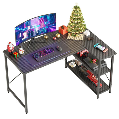 Scrivania a forma di L di piccole dimensioni con ripiani portaoggetti, scrivania da computer d'angolo