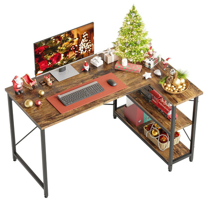 Scrivania a forma di L di piccole dimensioni con ripiani portaoggetti, scrivania da computer d'angolo