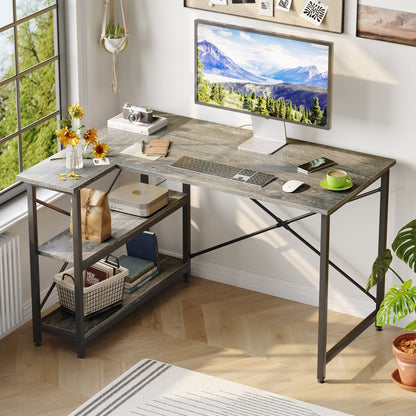 Scrivania a forma di L di piccole dimensioni con ripiani portaoggetti, scrivania da computer d'angolo