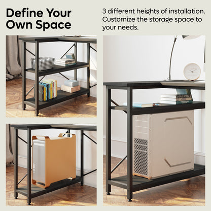 Scrivania a forma di L di piccole dimensioni con ripiani portaoggetti, scrivania da computer d'angolo