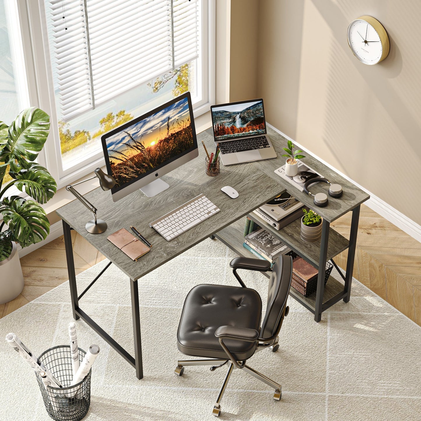 Scrivania a forma di L di piccole dimensioni con ripiani portaoggetti, scrivania da computer d'angolo