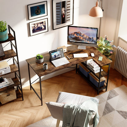 Scrivania a forma di L di piccole dimensioni con ripiani portaoggetti, scrivania da computer d'angolo