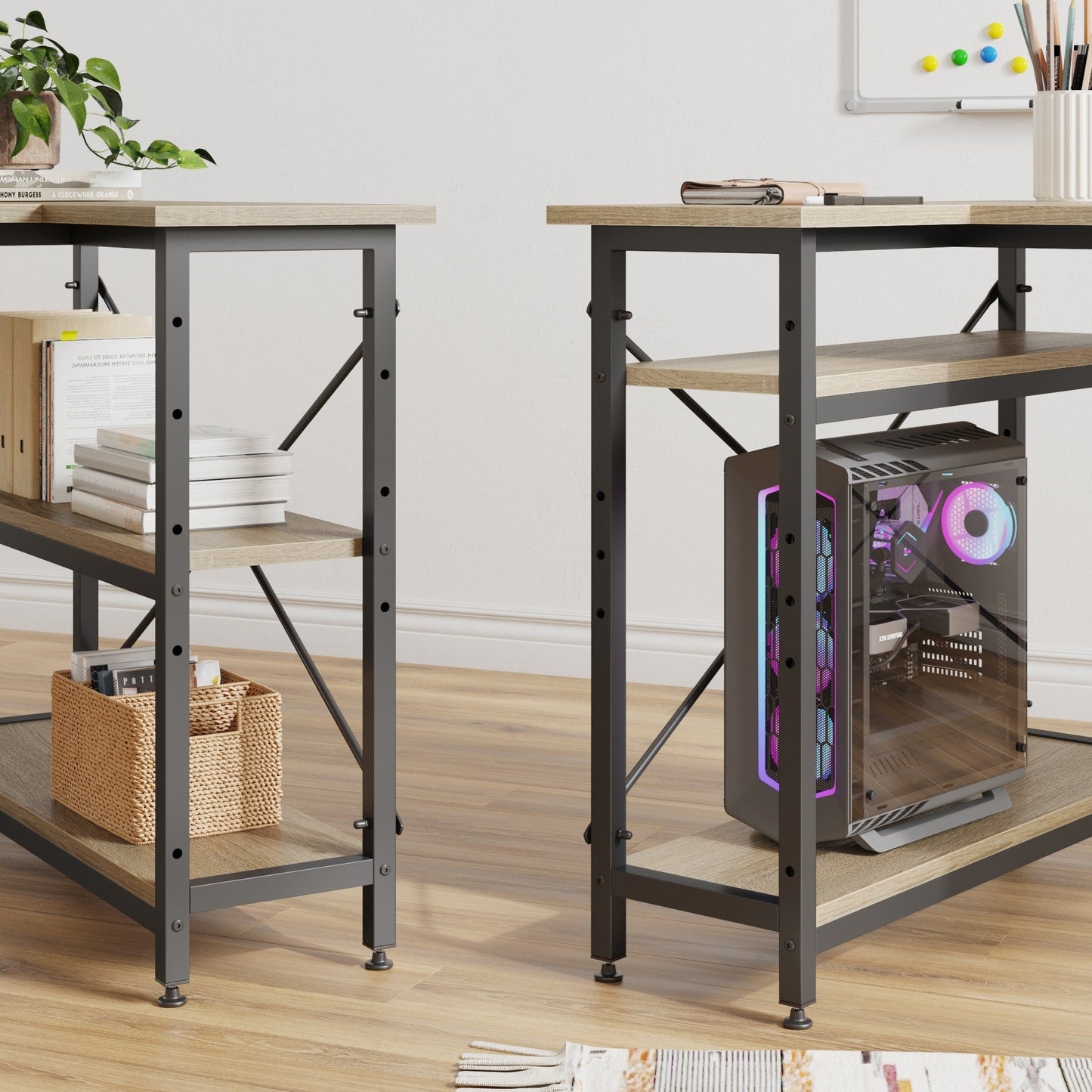 Scrivania a forma di L di piccole dimensioni con ripiani portaoggetti, scrivania da computer d'angolo