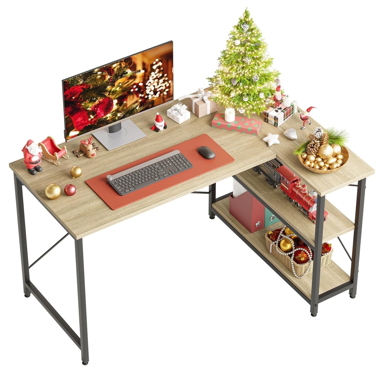 Scrivania a forma di L di piccole dimensioni con ripiani portaoggetti, scrivania da computer d'angolo