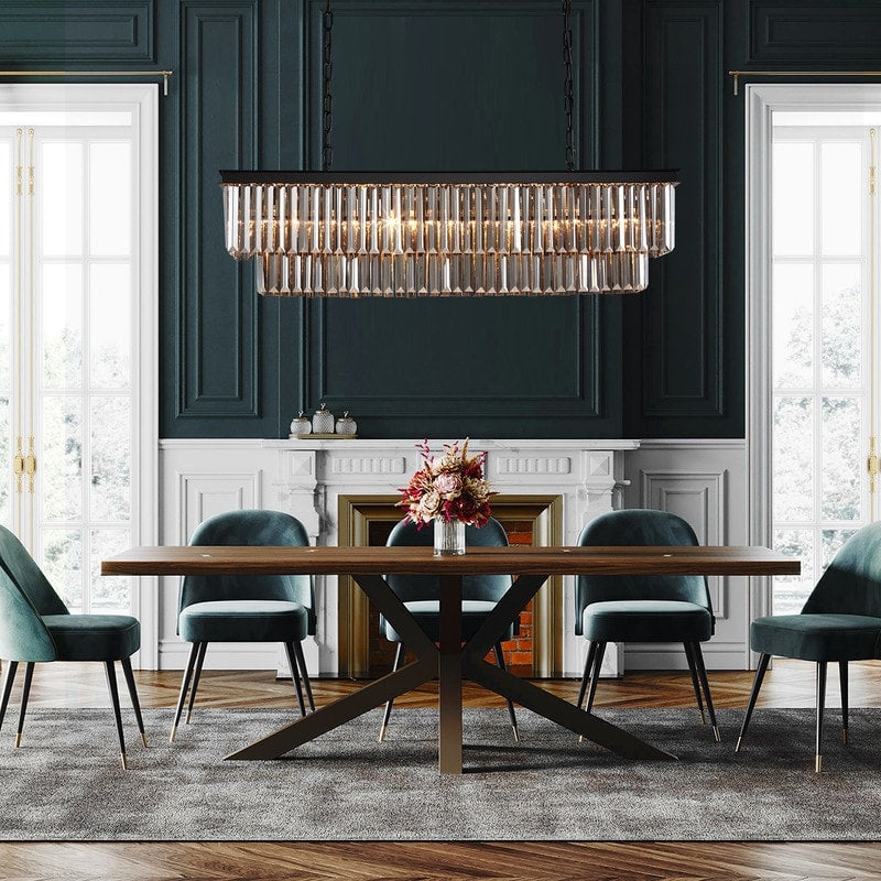 Lampadario a cristallo moderno e contemporaneo a 2 livelli, 47 pollici, grigio fumè e nero, per cucina, isola, sala da pranzo.