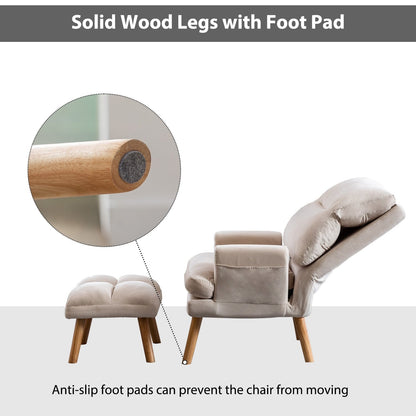 Poltrona da salotto casual in tessuto morbido con schienale e poggiapiedi regolabili.