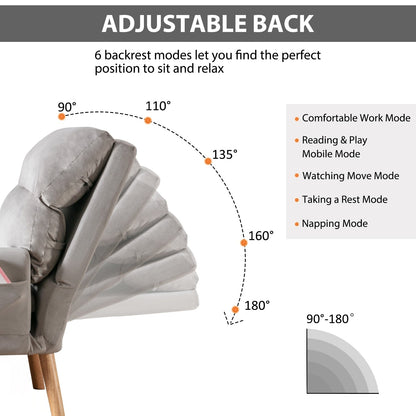 Poltrona da salotto casual in tessuto morbido con schienale e poggiapiedi regolabili.