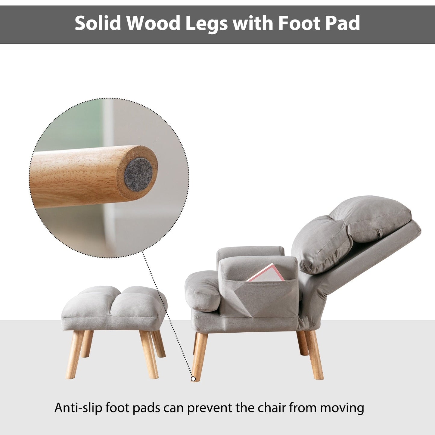 Poltrona da salotto casual in tessuto morbido con schienale e poggiapiedi regolabili.