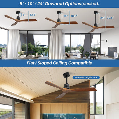 Sofucor Ventilatore da soffitto interno in legno da 52 pollici con luce e telecomando, luce integrata opzionale