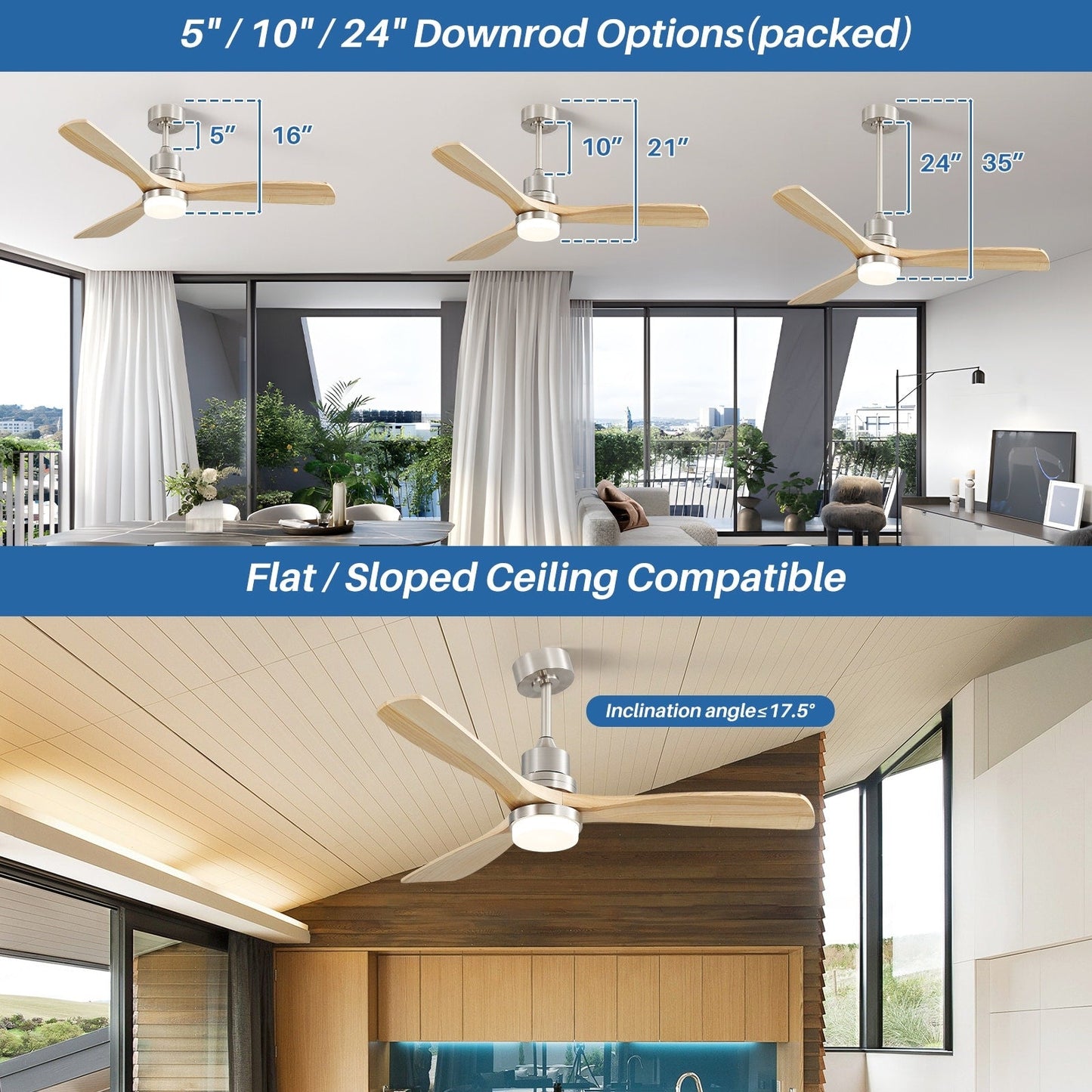 Sofucor Ventilatore da soffitto interno in legno da 52 pollici con luce e telecomando, luce integrata opzionale