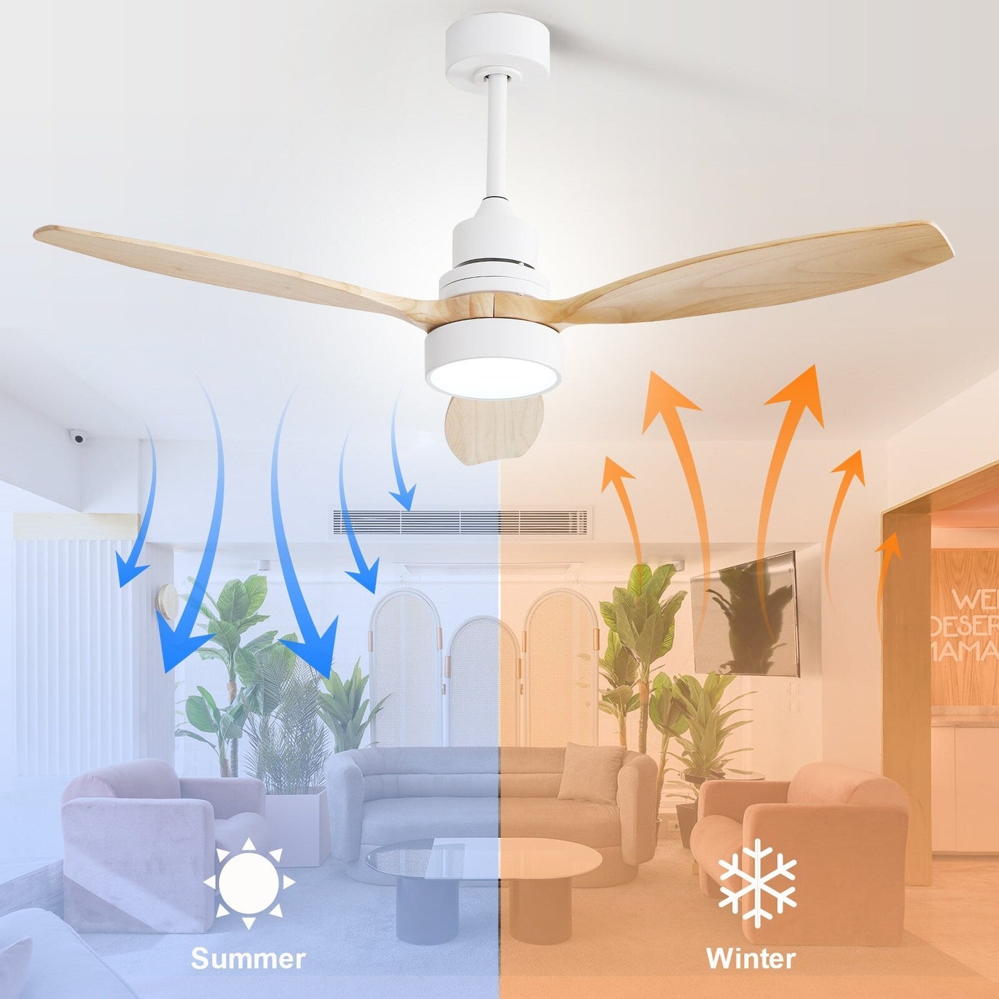 Sofucor Ventilatore da soffitto interno in legno da 52 pollici con luce e telecomando, luce integrata opzionale