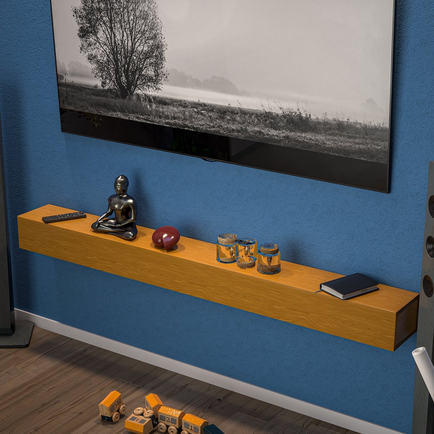 Mensola sospesa per camino da parete in pino massello