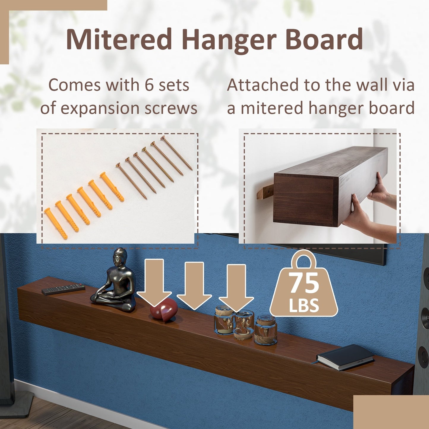 Mensola sospesa per camino da parete in pino massello