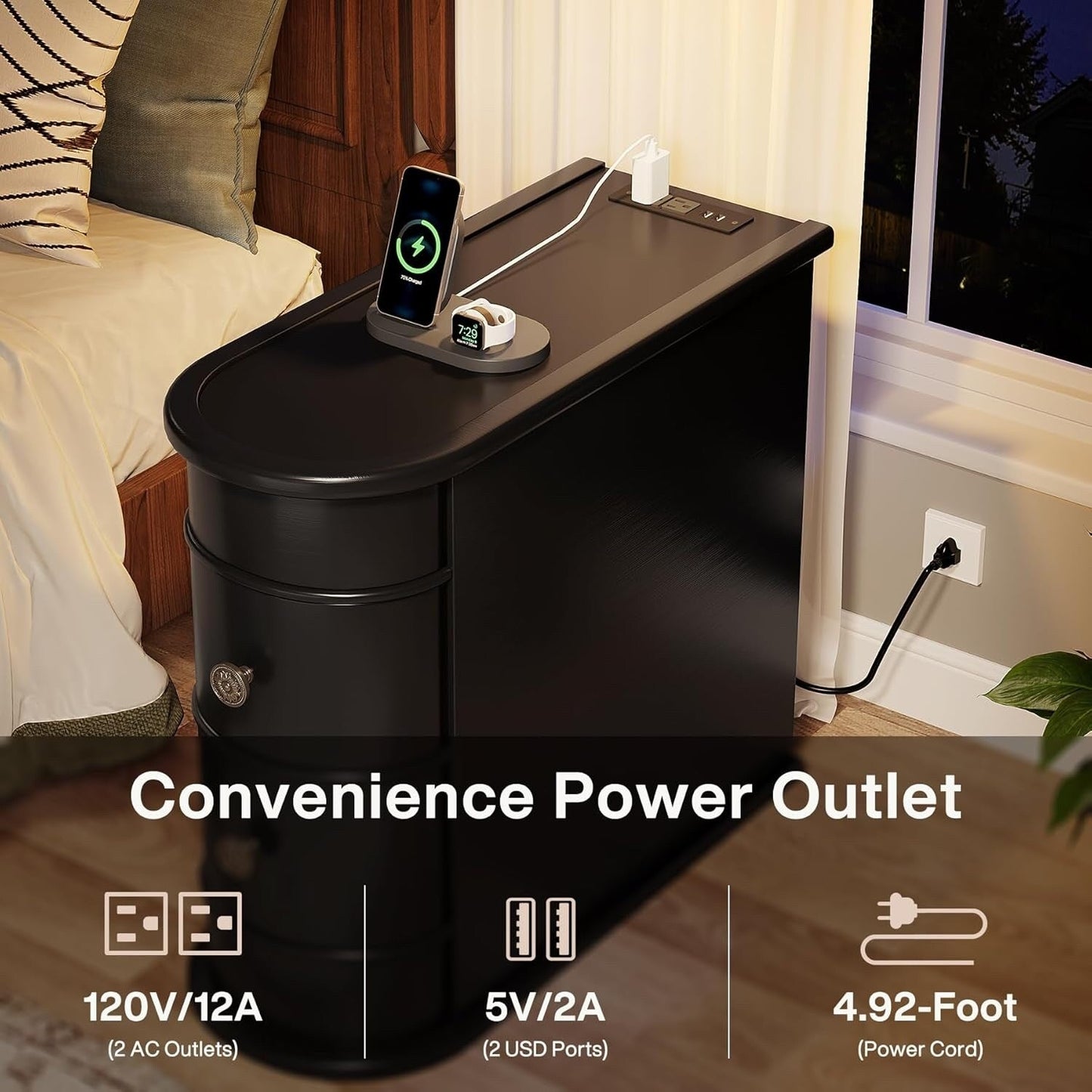 Tavolino da comodino in legno massello, tavolino laterale sottile con due cassetti.