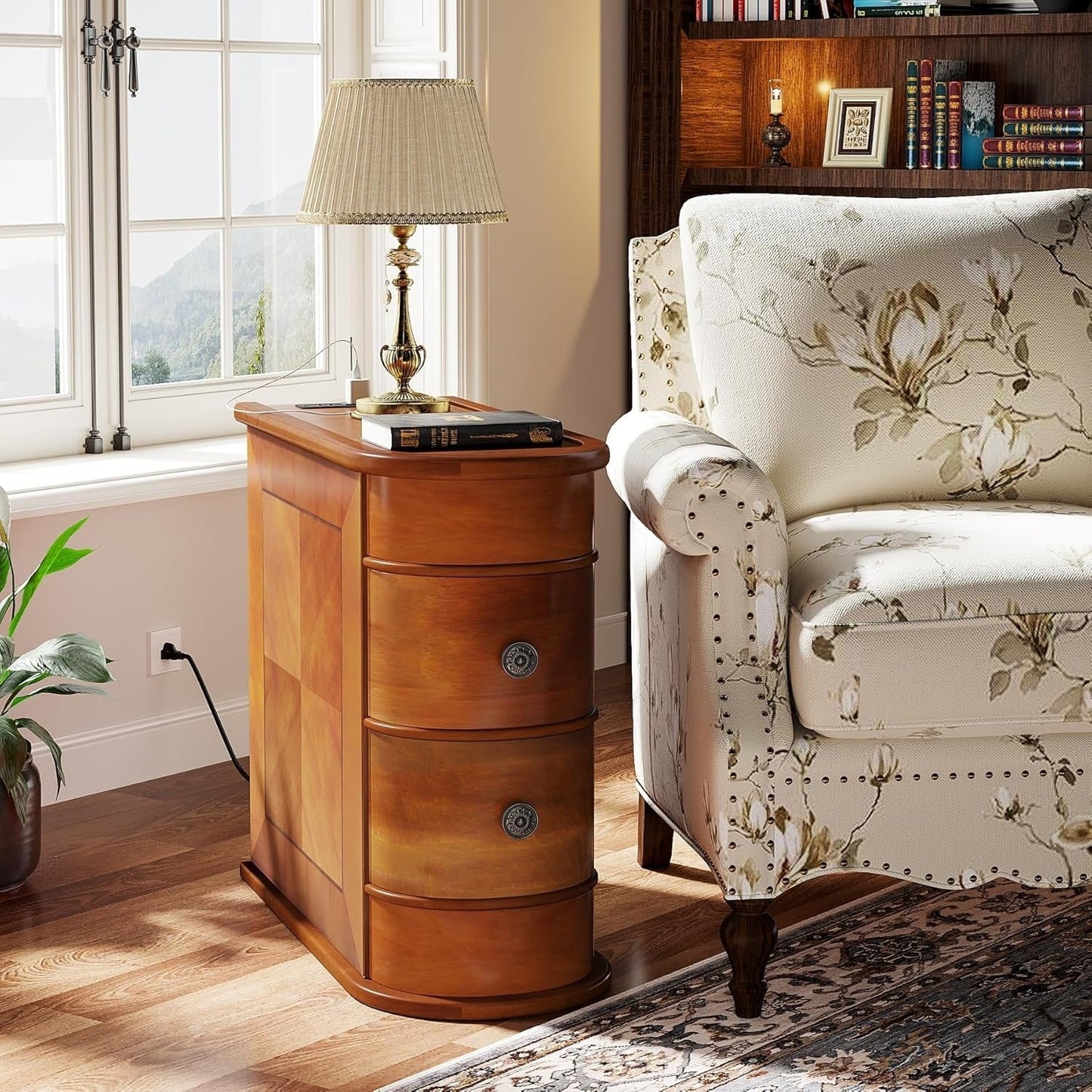 Tavolino da comodino in legno massello, tavolino laterale sottile con due cassetti.