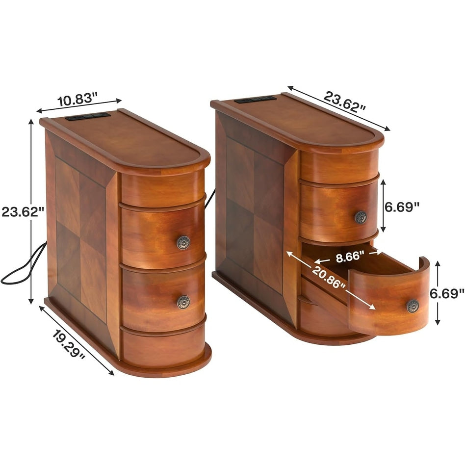 Tavolino da comodino in legno massello, tavolino laterale sottile con due cassetti.