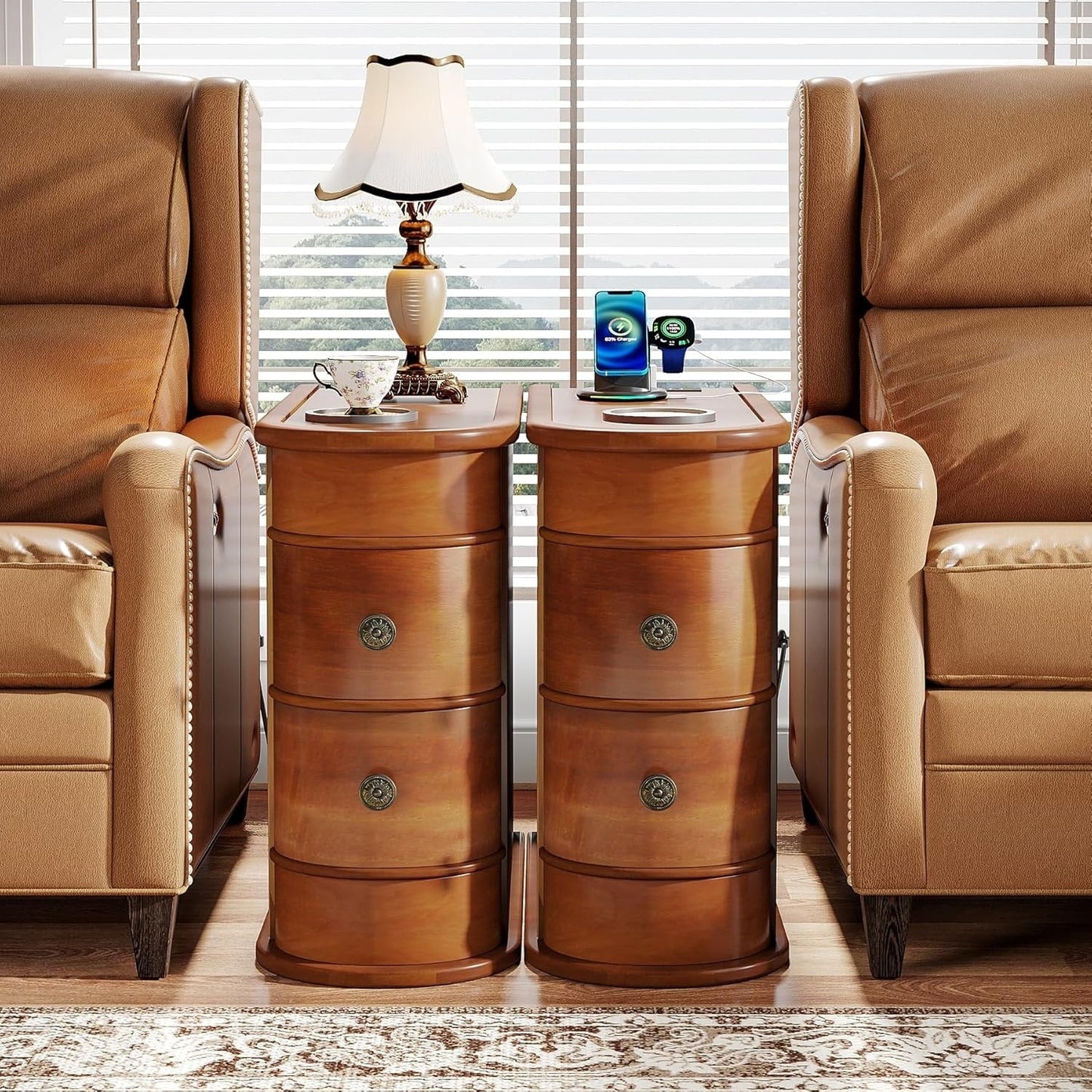 Tavolino da comodino in legno massello, tavolino laterale sottile con due cassetti.