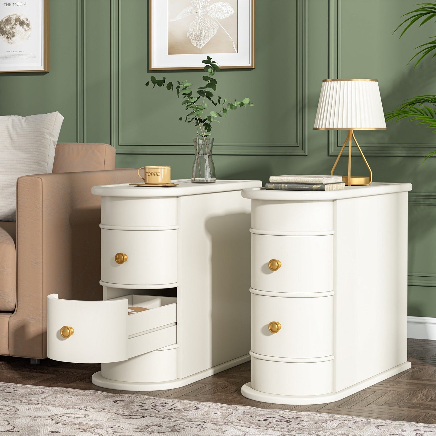 Tavolino da comodino in legno massello, tavolino laterale sottile con due cassetti.