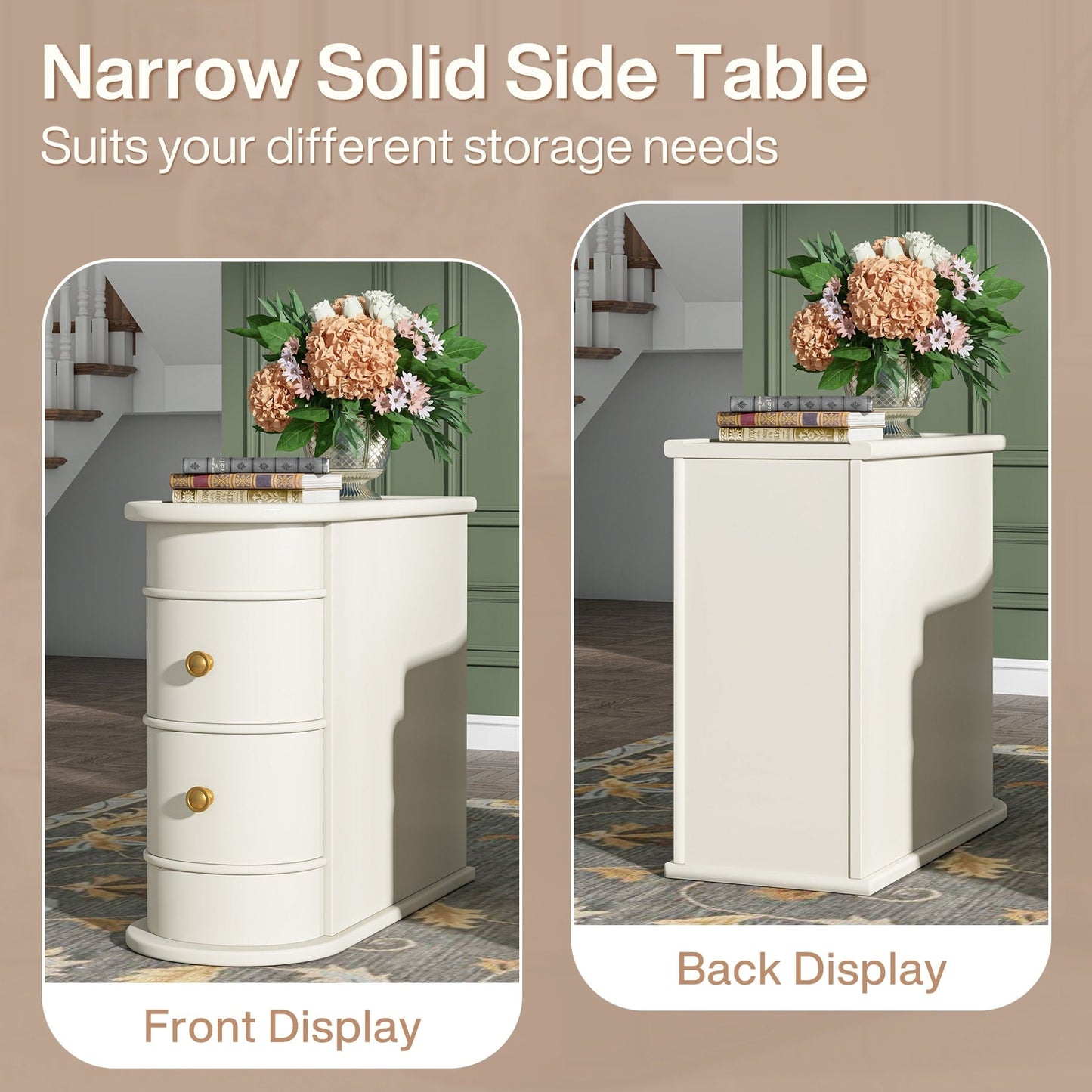 Tavolino da comodino in legno massello, tavolino laterale sottile con due cassetti.