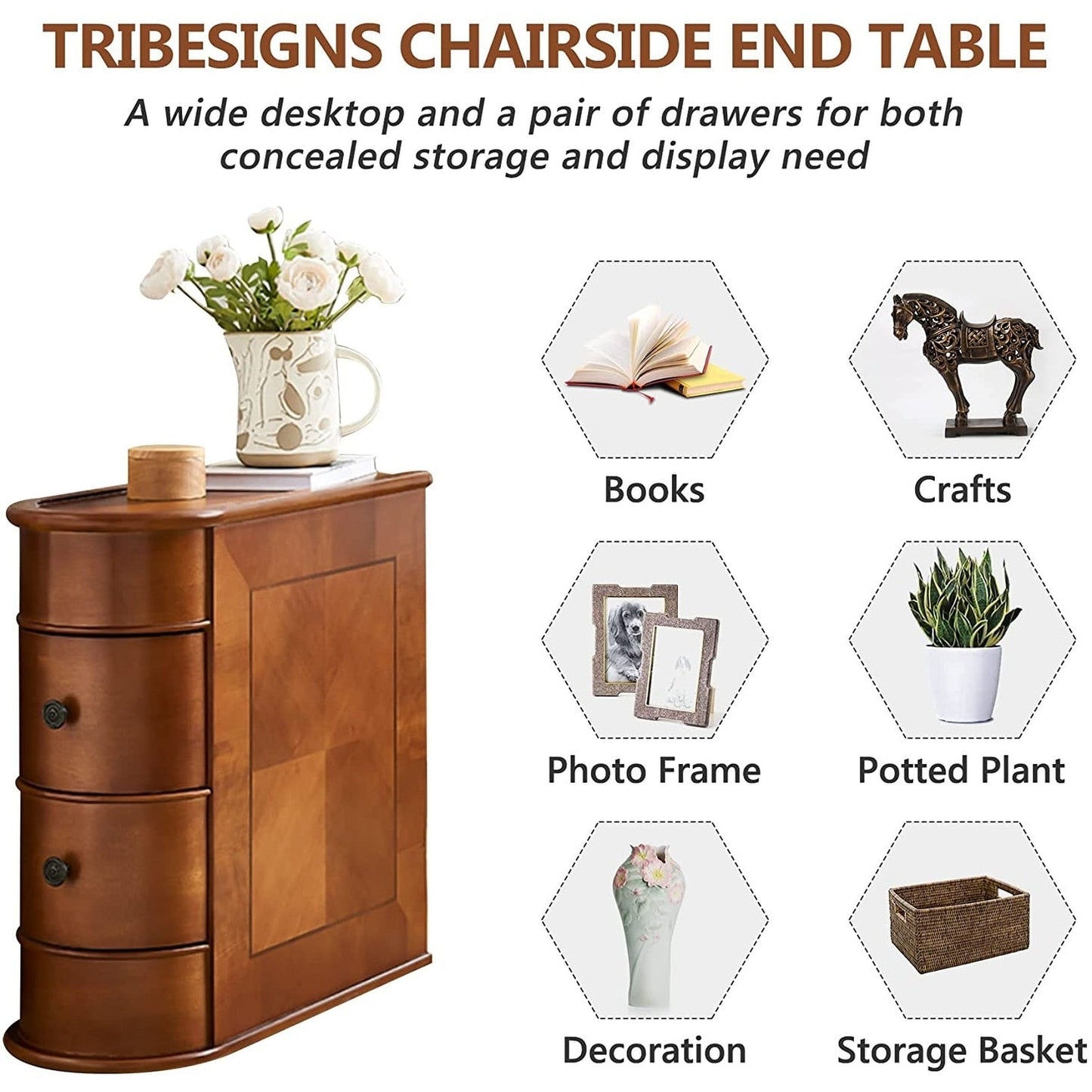 Tavolino da comodino in legno massello, tavolino laterale sottile con due cassetti.