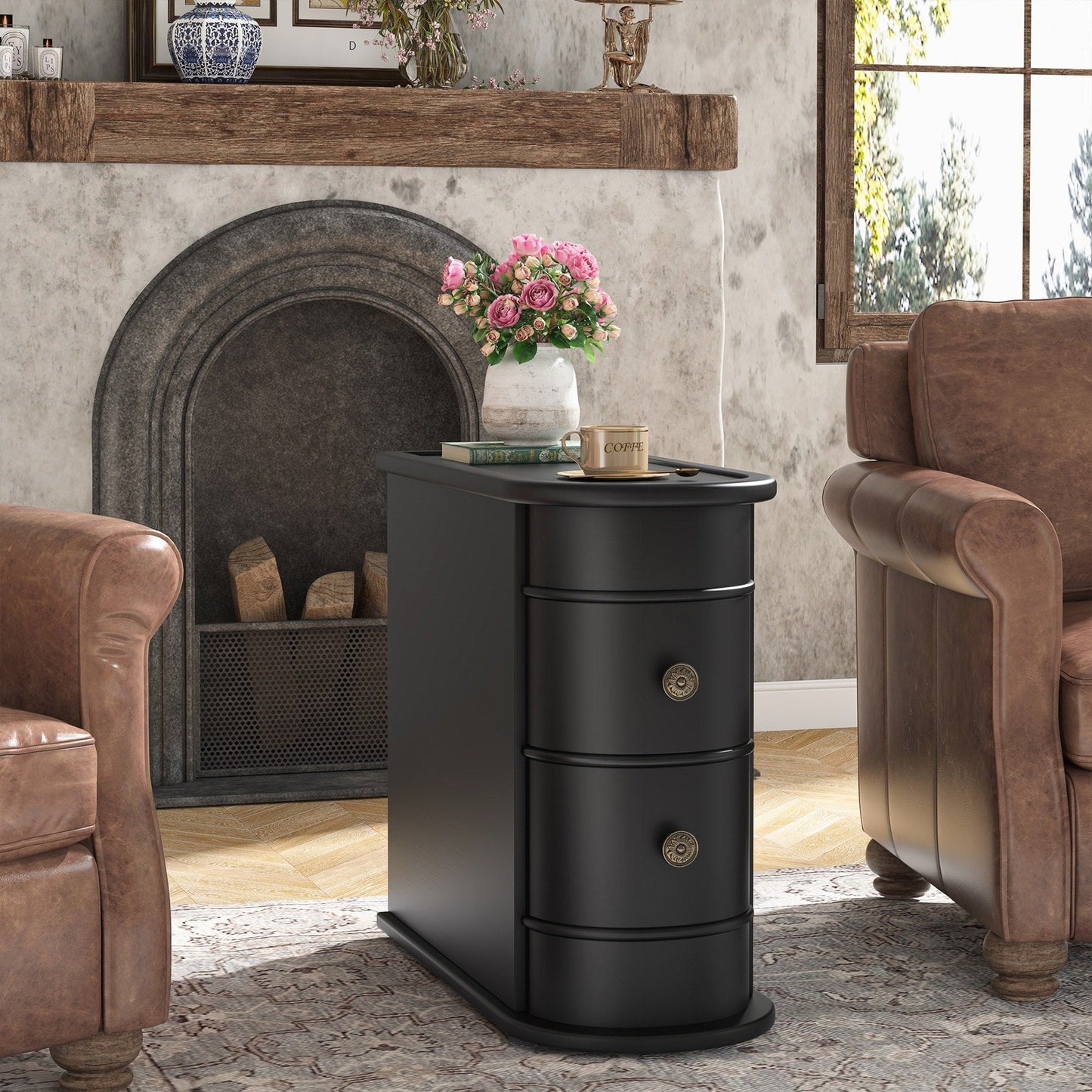 Tavolino da comodino in legno massello, tavolino laterale sottile con due cassetti.